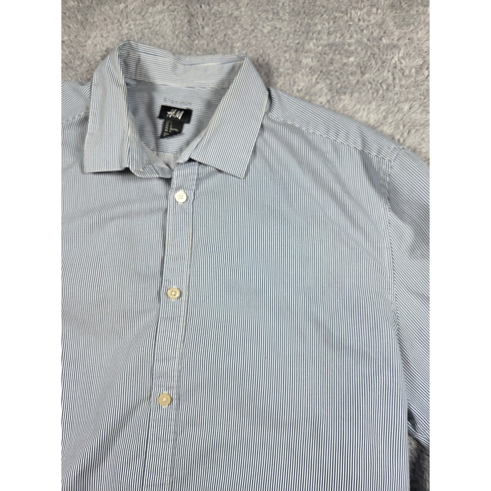 HM Mens Easy Iron‎ Button Up Shirt Light Blue White Pinstripe Long Sleeve L